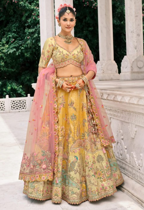 Corn Yellow Fancy Silk Lehenga Choli With Cut Work Embroidery Border & Stone Work